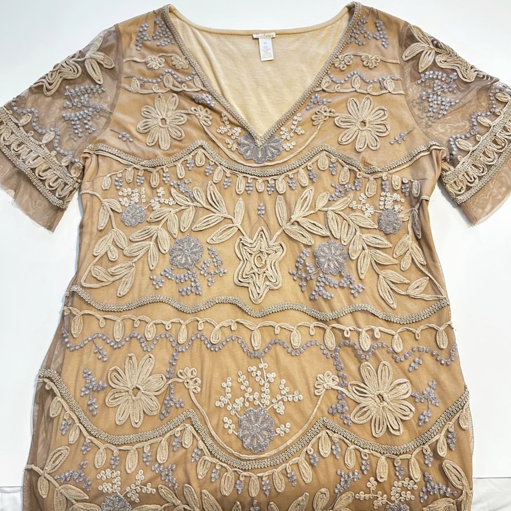 Sundance‎ Duchess Dress Women Mesh Embroidered V-Neck XL Tan Floral Boho Wedding - Picture 3 of 8